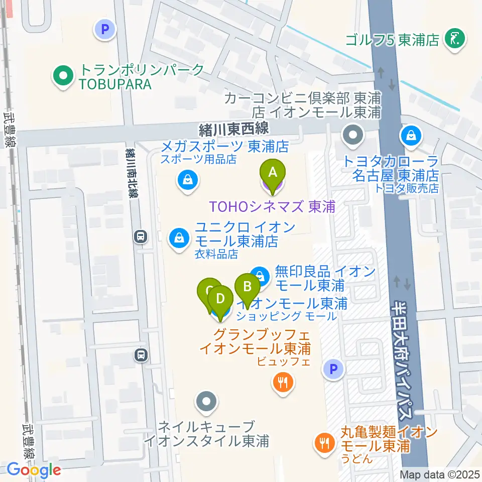 TOHOシネマズ東浦周辺のファミレス・ファーストフード一覧地図
