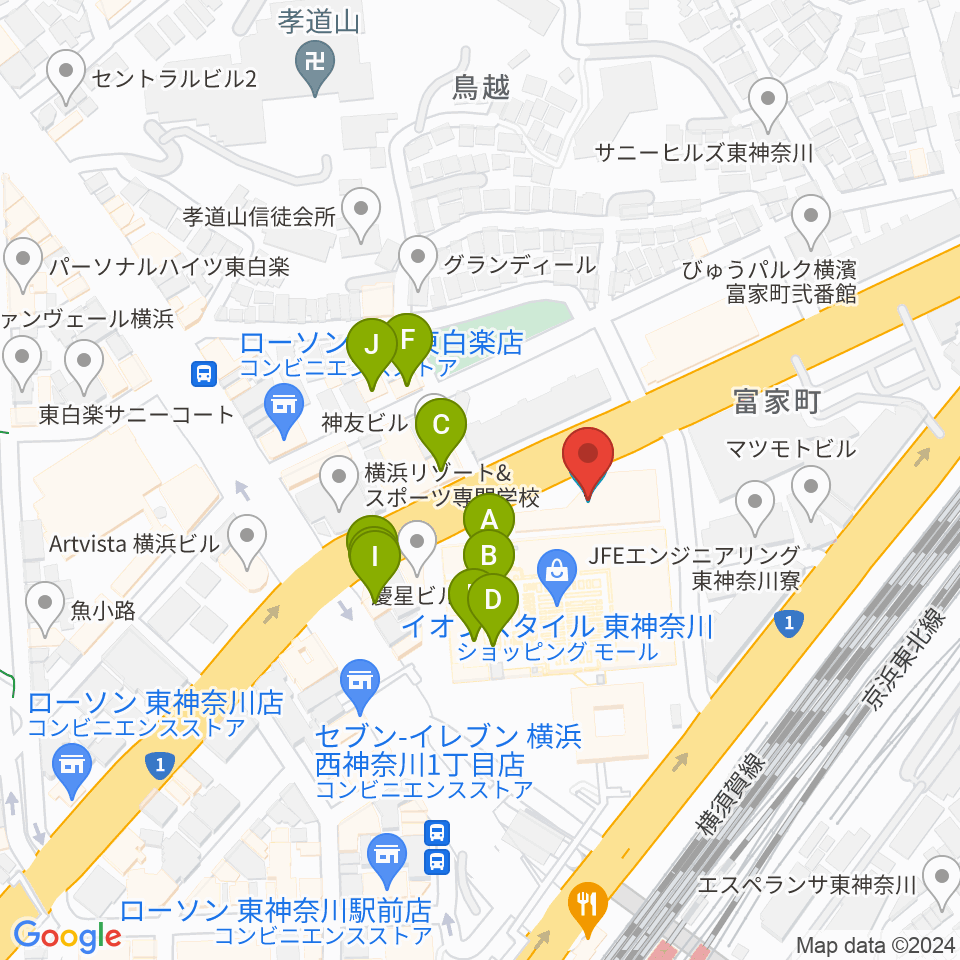 神奈川公会堂周辺のファミレス・ファーストフード一覧地図