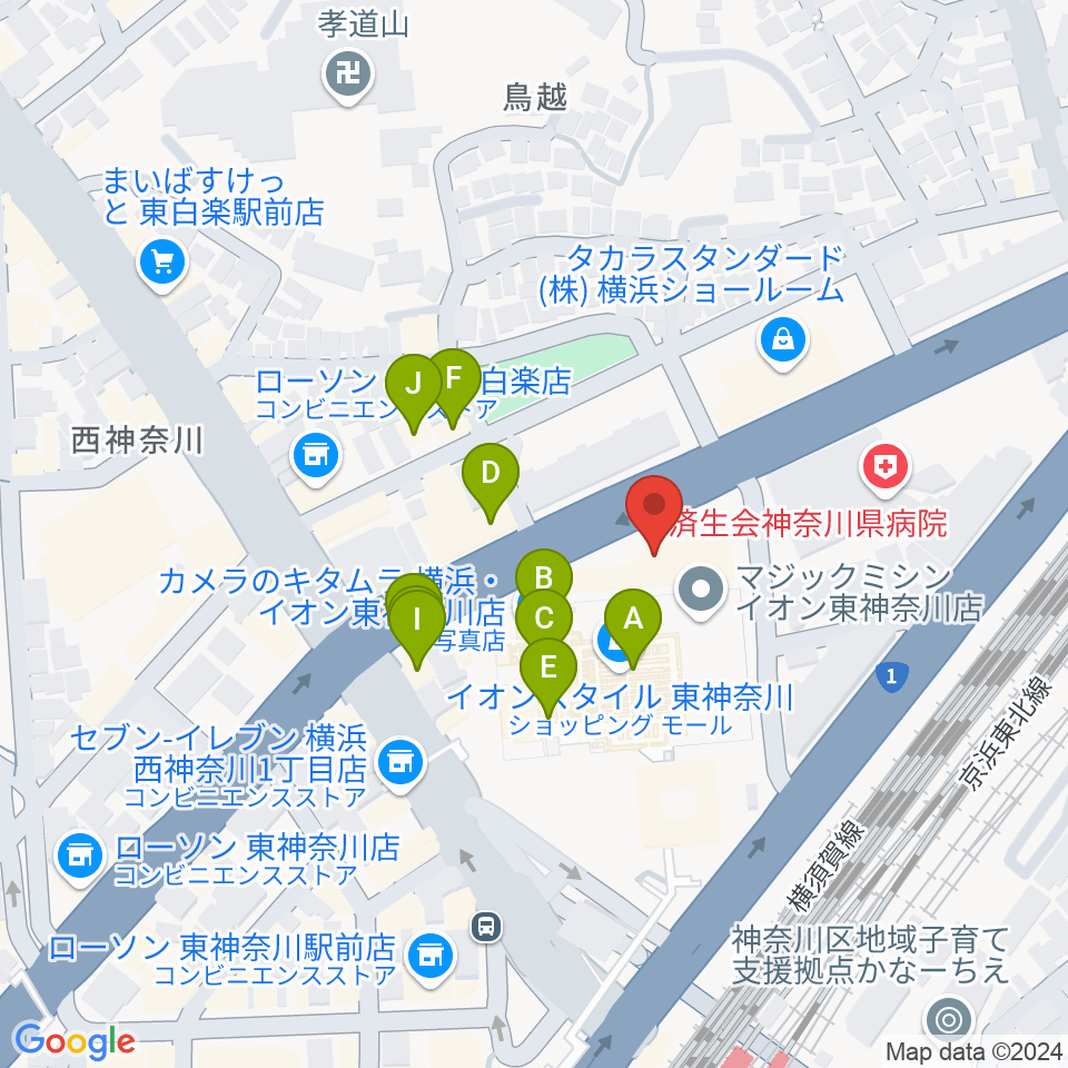 横浜市神奈川公会堂周辺のファミレス・ファーストフード一覧地図