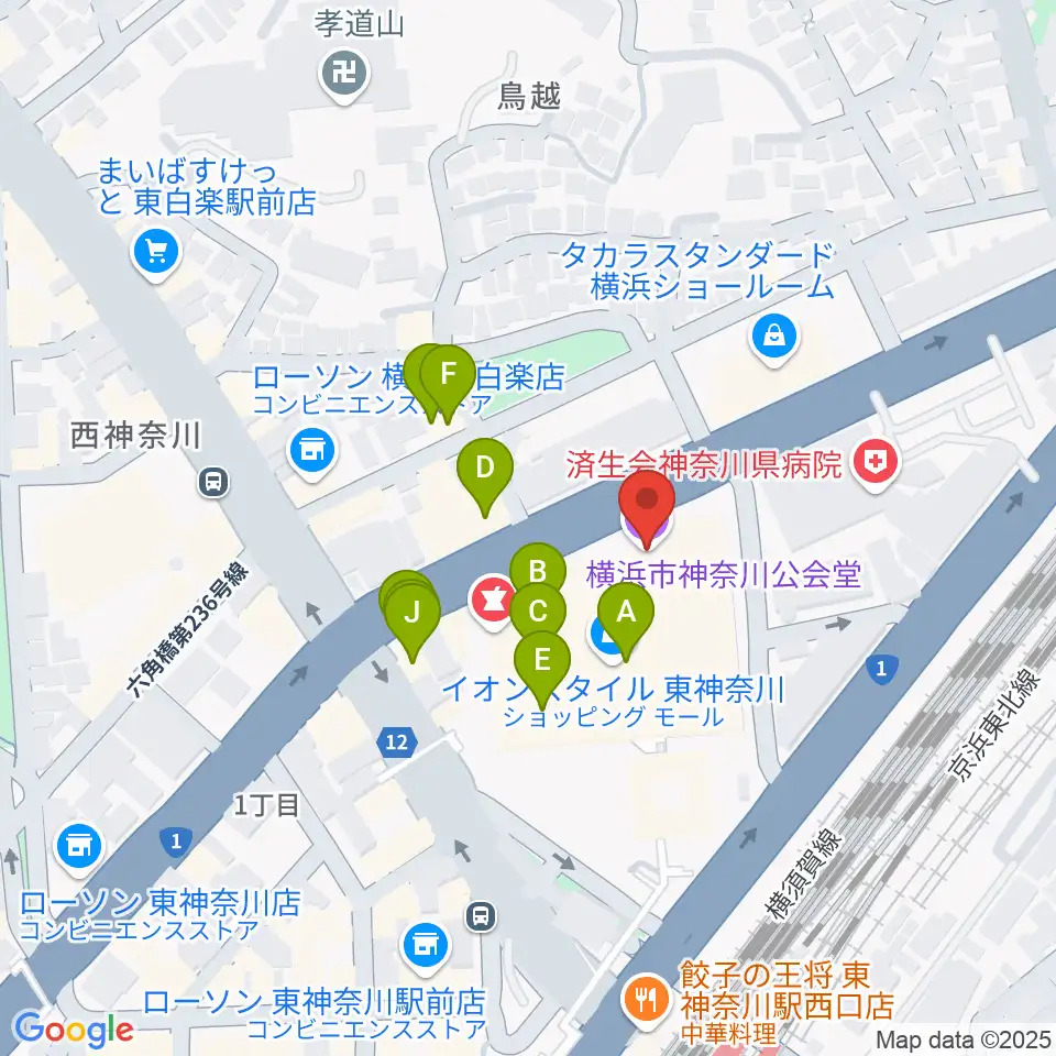 横浜市神奈川公会堂周辺のファミレス・ファーストフード一覧地図