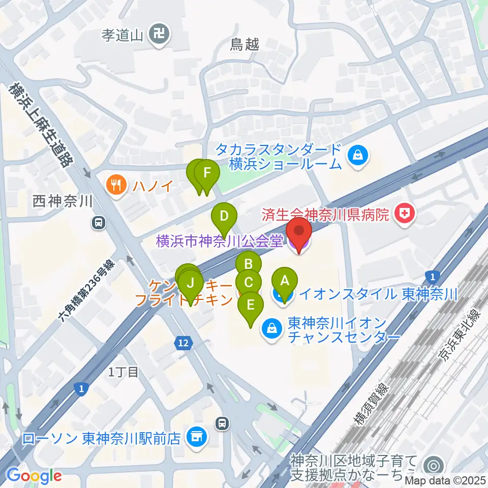 横浜市神奈川公会堂周辺のファミレス・ファーストフード一覧地図