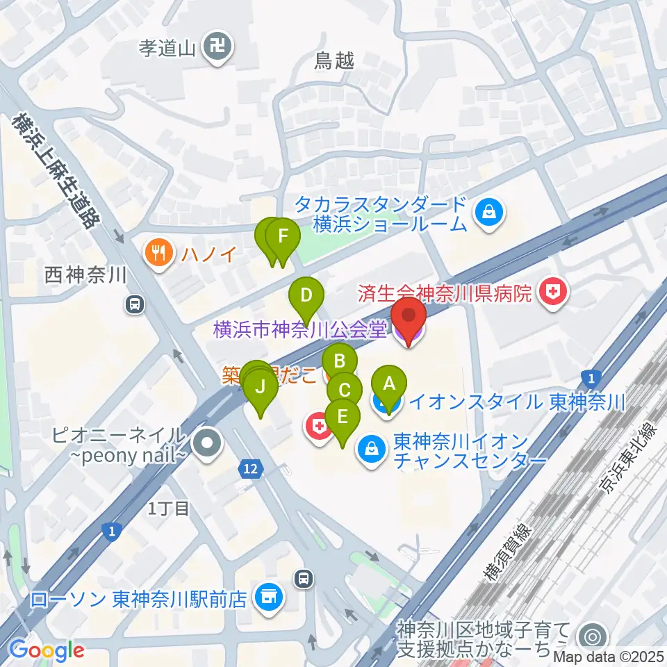 横浜市神奈川公会堂周辺のファミレス・ファーストフード一覧地図