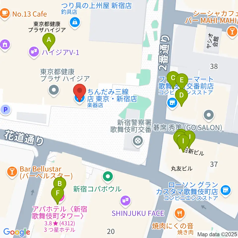 ちんだみ三線店 新宿店周辺のファミレス・ファーストフード一覧地図