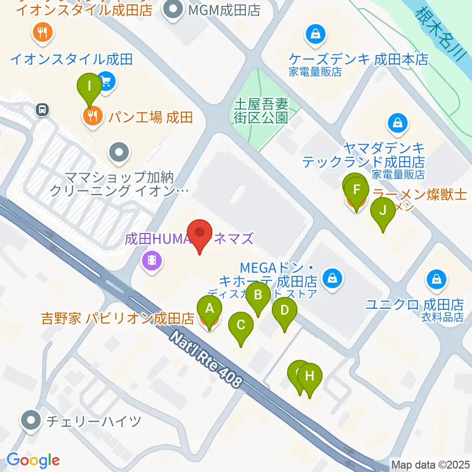 成田HUMAXシネマズ周辺のファミレス・ファーストフード一覧地図