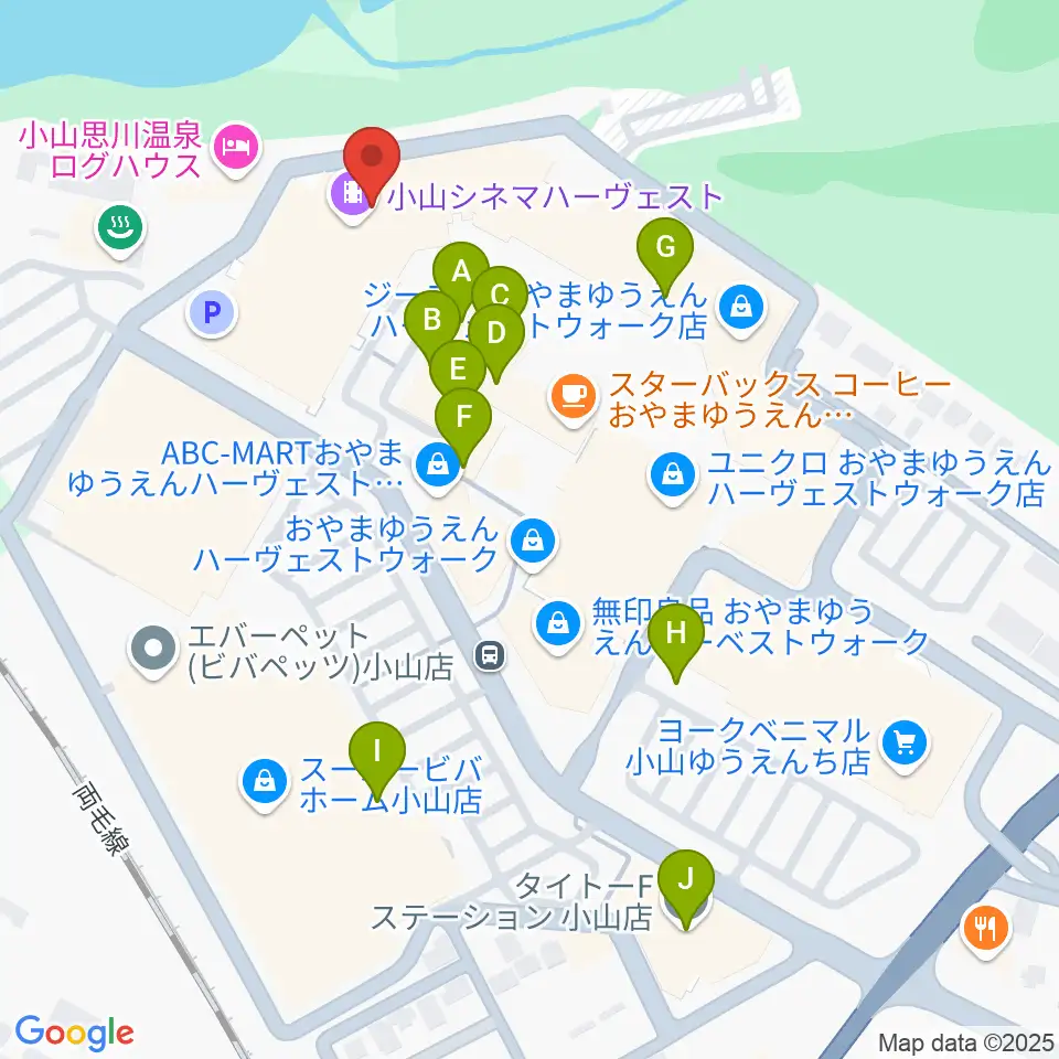 小山シネマハーヴェスト周辺のファミレス・ファーストフード一覧地図