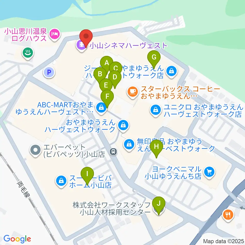 小山シネマハーヴェスト周辺のファミレス・ファーストフード一覧地図