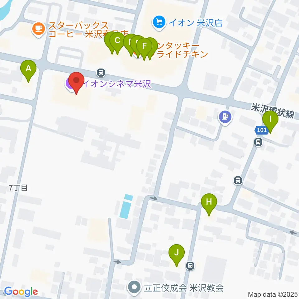 イオンシネマ米沢周辺のファミレス・ファーストフード一覧地図