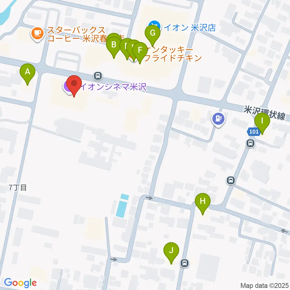 イオンシネマ米沢周辺のファミレス・ファーストフード一覧地図