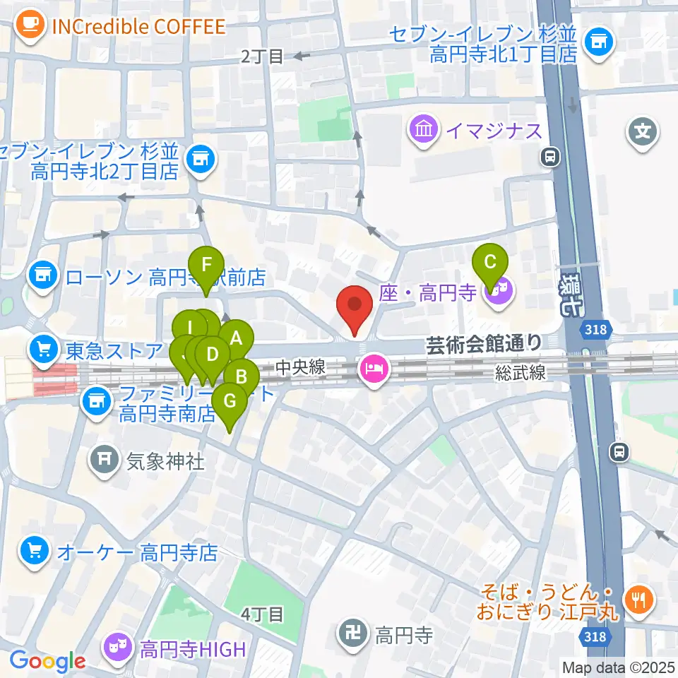 P.I.G.スタジオ周辺のファミレス・ファーストフード一覧地図