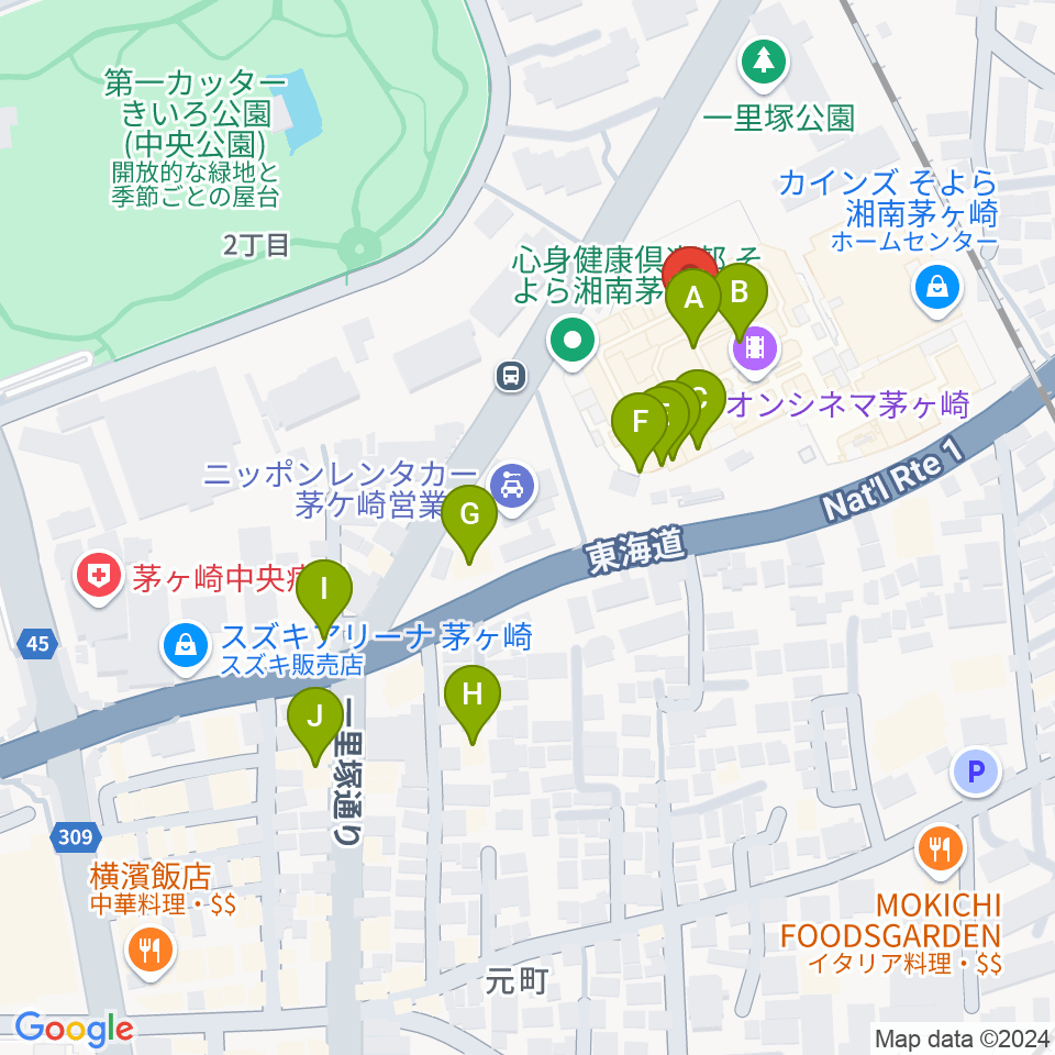 イオンシネマ茅ヶ崎周辺のファミレス・ファーストフード一覧地図