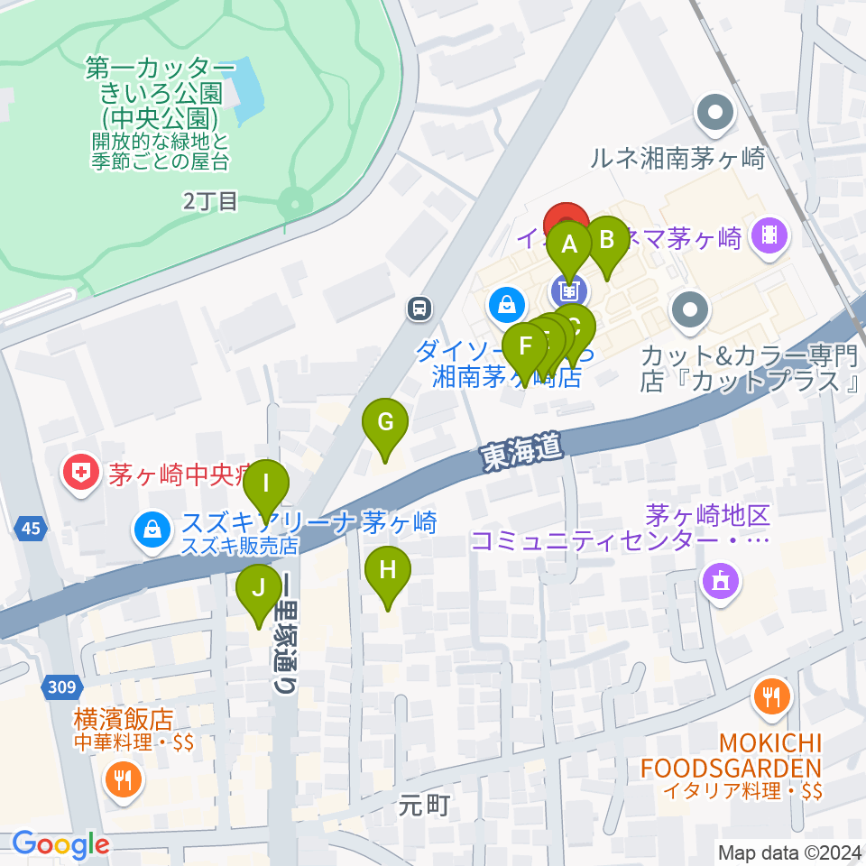 イオンシネマ茅ヶ崎周辺のファミレス・ファーストフード一覧地図