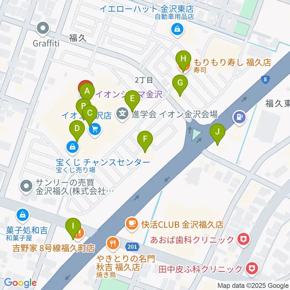 イオンシネマ金沢周辺のファミレス・ファーストフード一覧地図