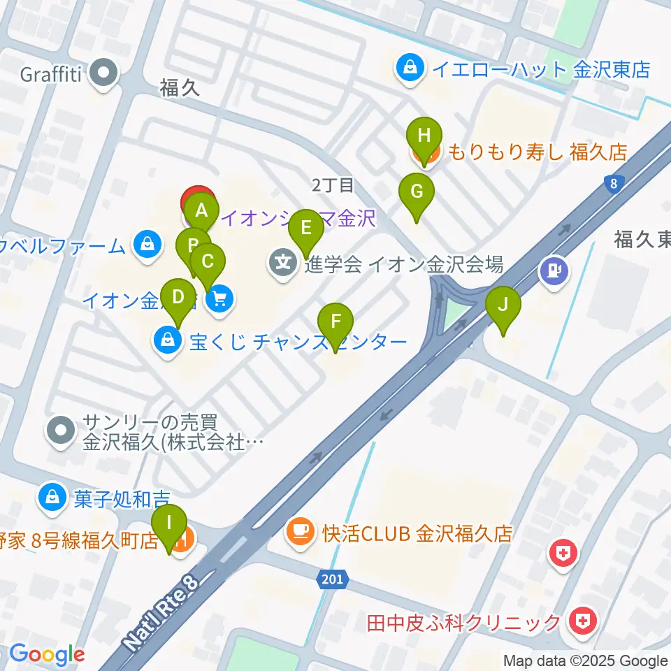 イオンシネマ金沢周辺のファミレス・ファーストフード一覧地図