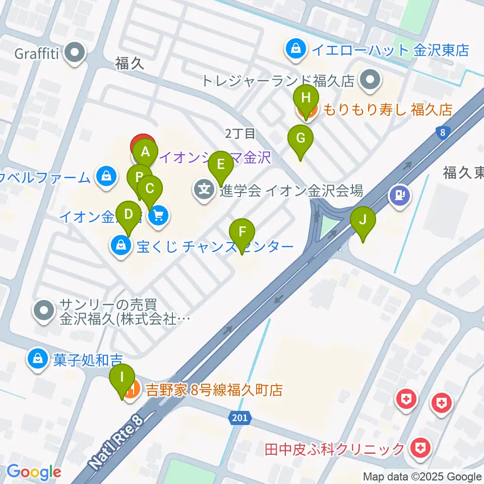 イオンシネマ金沢周辺のファミレス・ファーストフード一覧地図