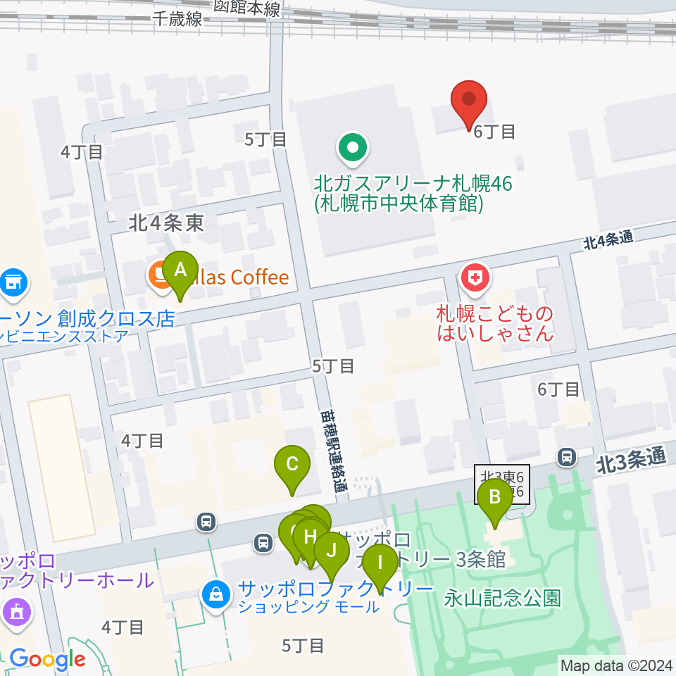 北ガスアリーナ札幌46周辺のファミレス・ファーストフード一覧地図