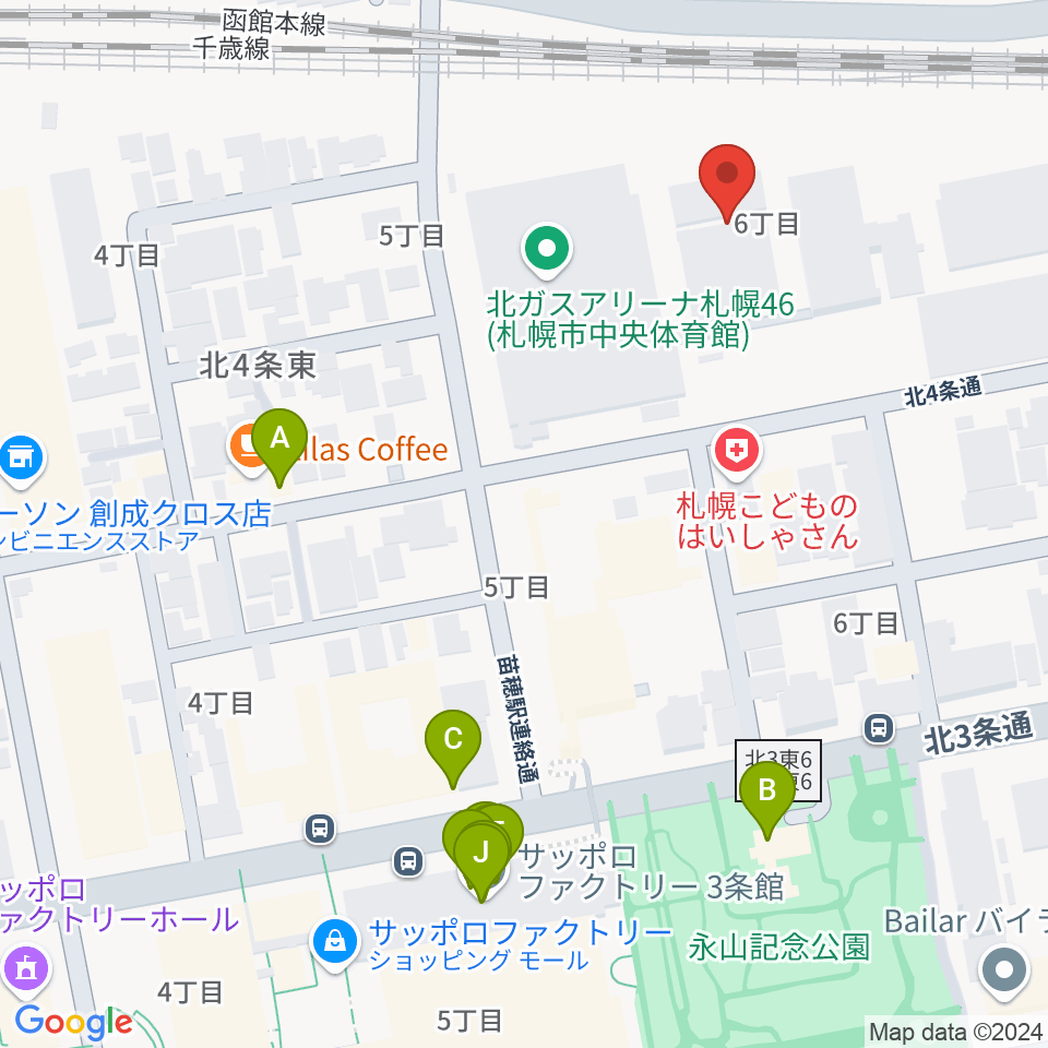 北ガスアリーナ札幌46周辺のファミレス・ファーストフード一覧地図