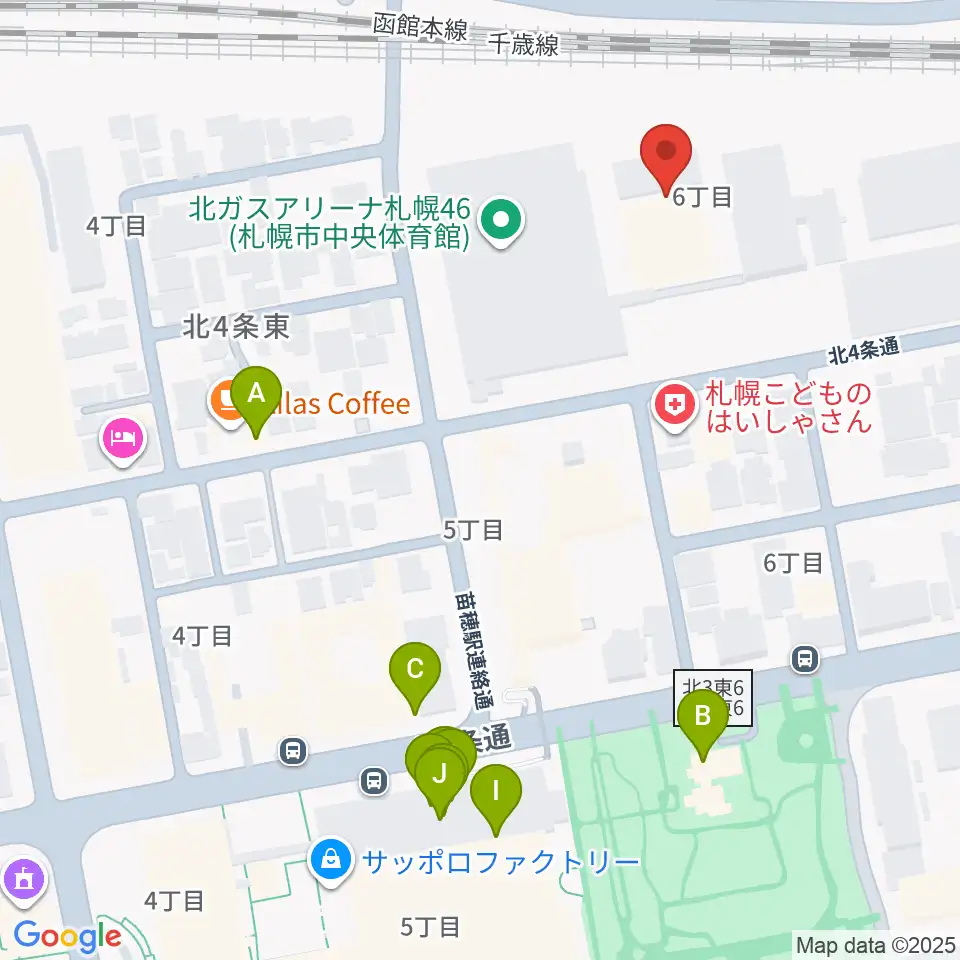 北ガスアリーナ札幌46周辺のファミレス・ファーストフード一覧地図