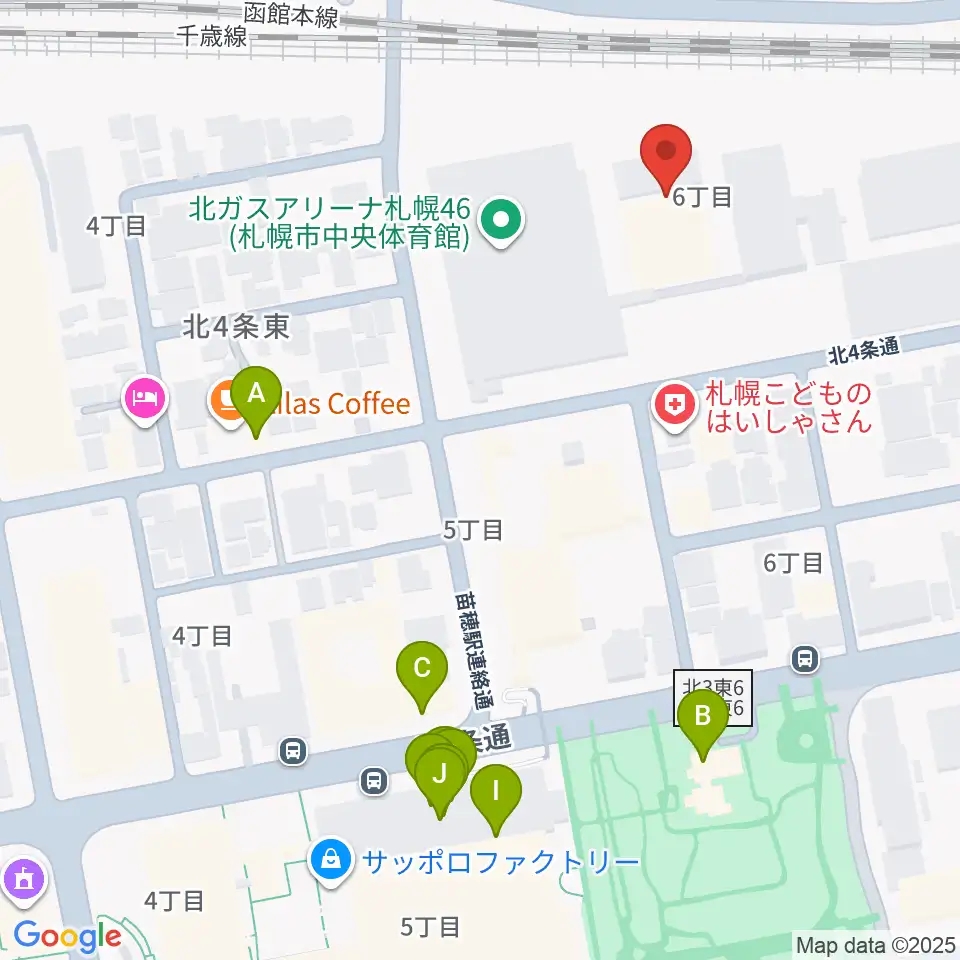 北ガスアリーナ札幌46周辺のファミレス・ファーストフード一覧地図