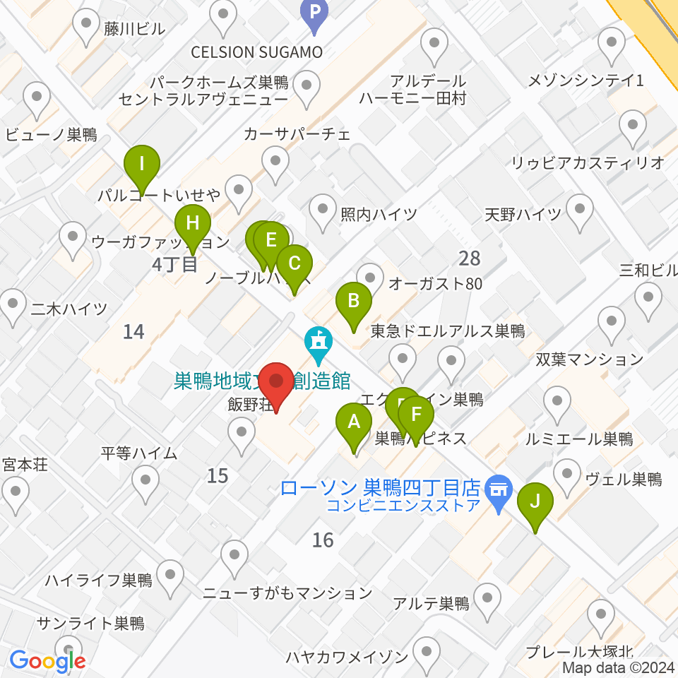 巣鴨地域文化創造館（中山道待夢）周辺のファミレス・ファーストフード一覧地図