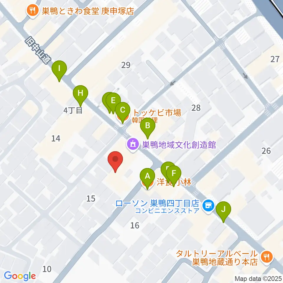 巣鴨地域文化創造館（中山道待夢）周辺のファミレス・ファーストフード一覧地図