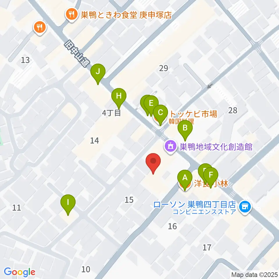 巣鴨地域文化創造館（中山道待夢）周辺のファミレス・ファーストフード一覧地図