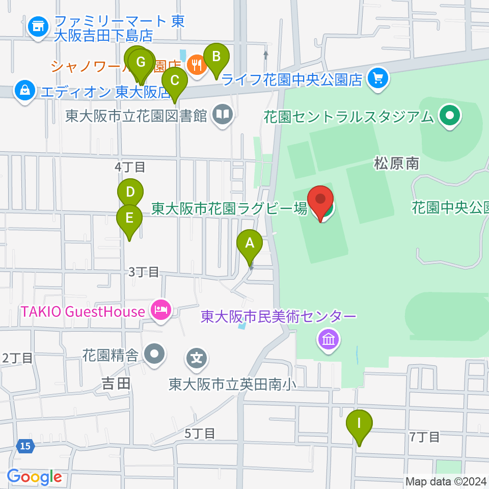 東大阪市花園ラグビー場周辺のファミレス・ファーストフード一覧地図