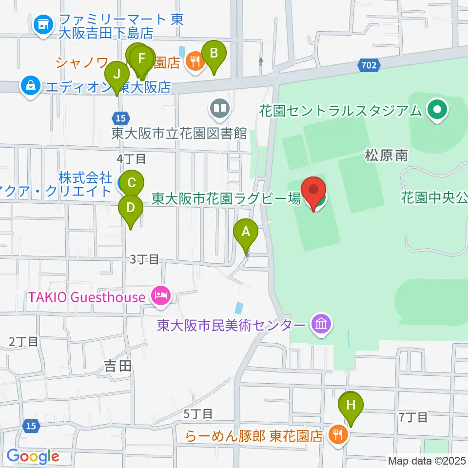 東大阪市花園ラグビー場周辺のファミレス・ファーストフード一覧地図