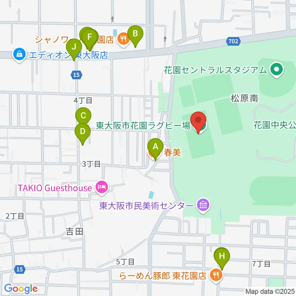 東大阪市花園ラグビー場周辺のファミレス・ファーストフード一覧地図