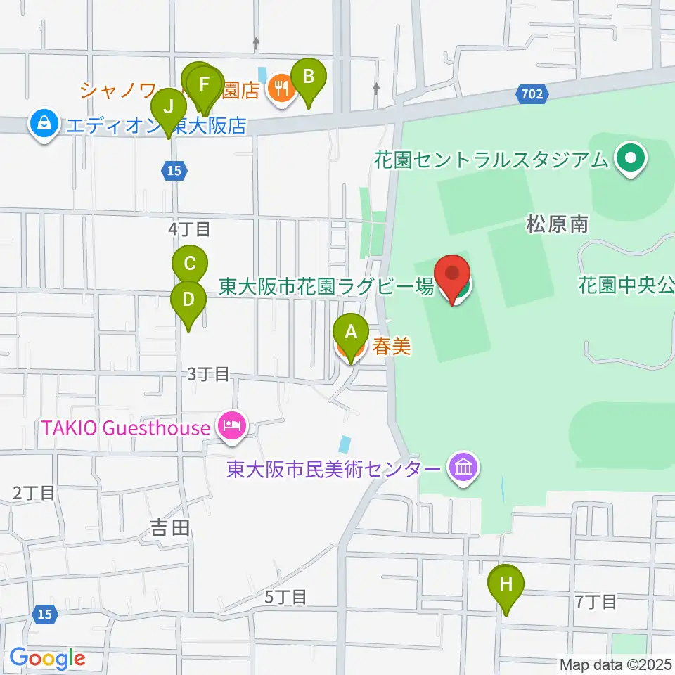 東大阪市花園ラグビー場周辺のファミレス・ファーストフード一覧地図