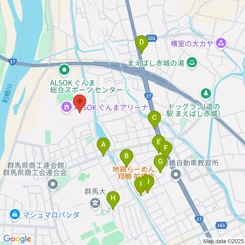 ALSOKぐんま武道館周辺のファミレス・ファーストフード一覧地図