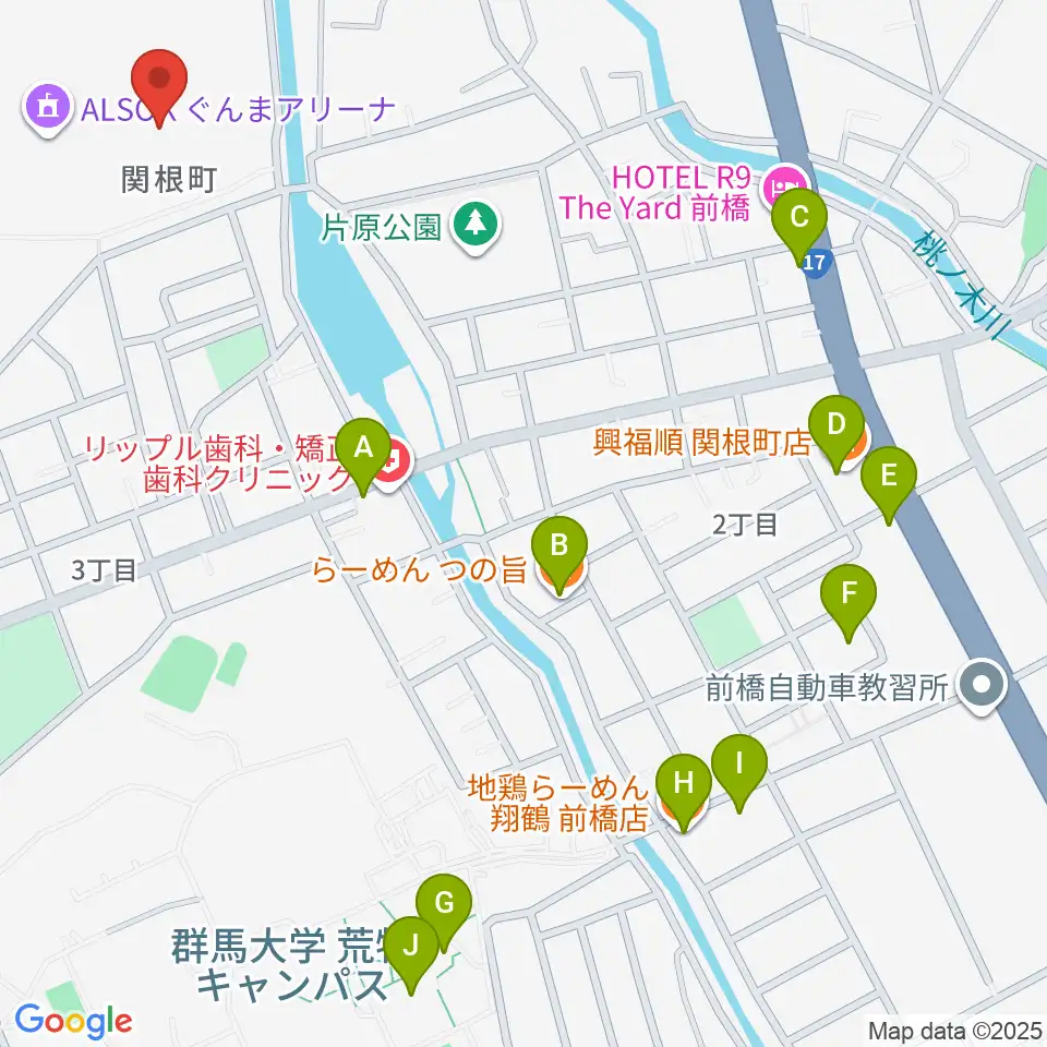 ALSOKぐんま武道館周辺のファミレス・ファーストフード一覧地図
