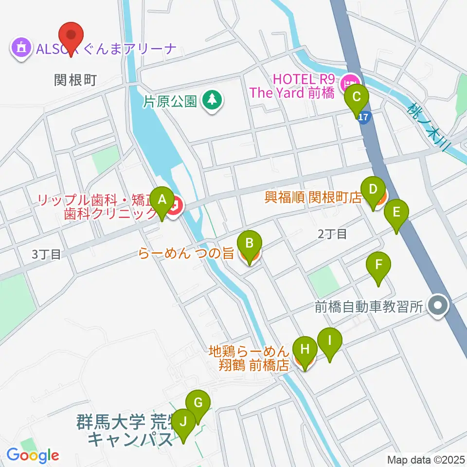 ALSOKぐんま武道館周辺のファミレス・ファーストフード一覧地図