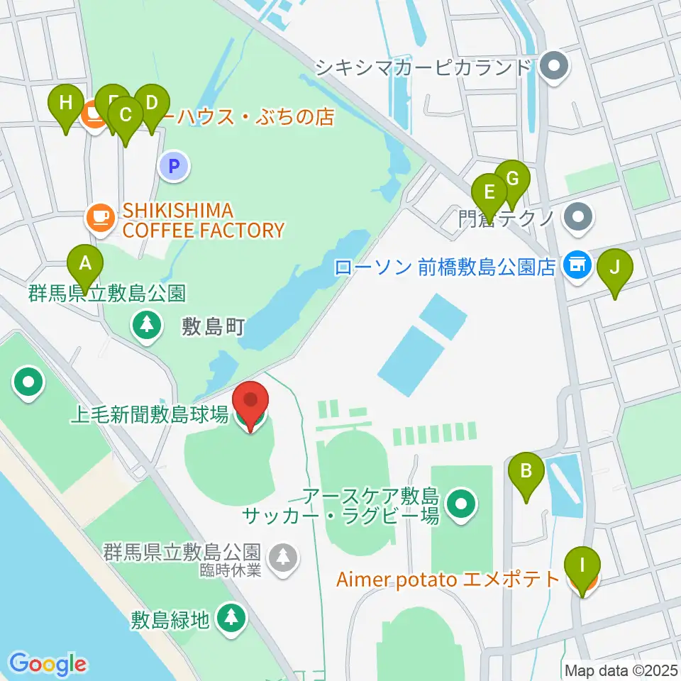 上毛新聞敷島球場周辺のファミレス・ファーストフード一覧地図