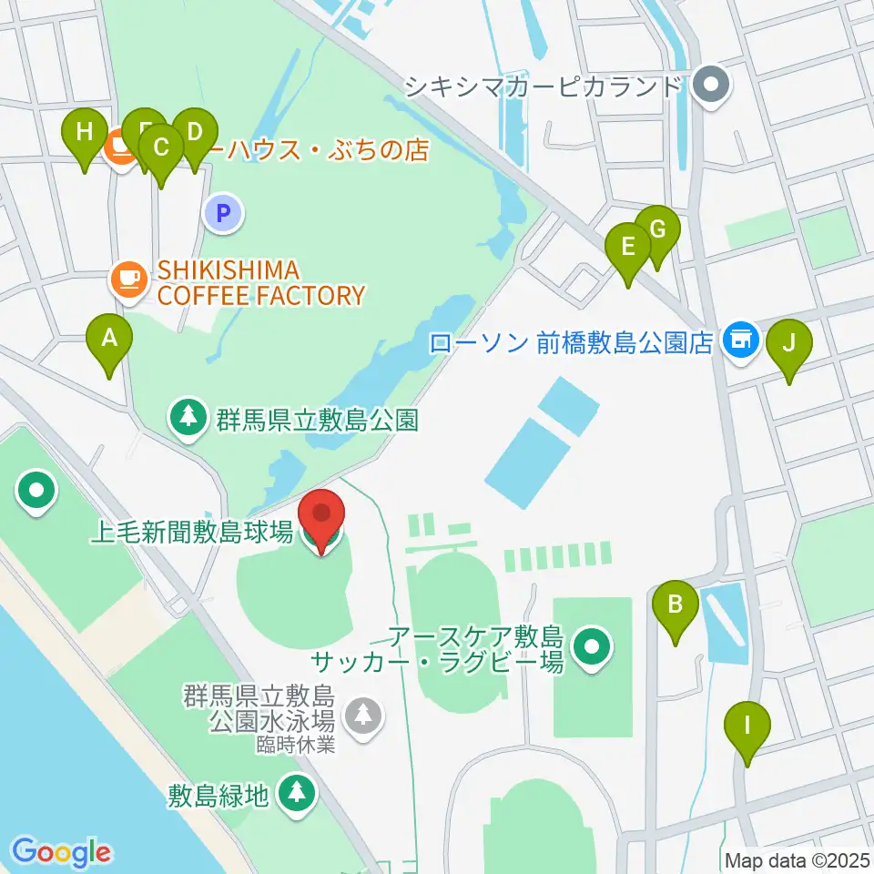 上毛新聞敷島球場周辺のファミレス・ファーストフード一覧地図