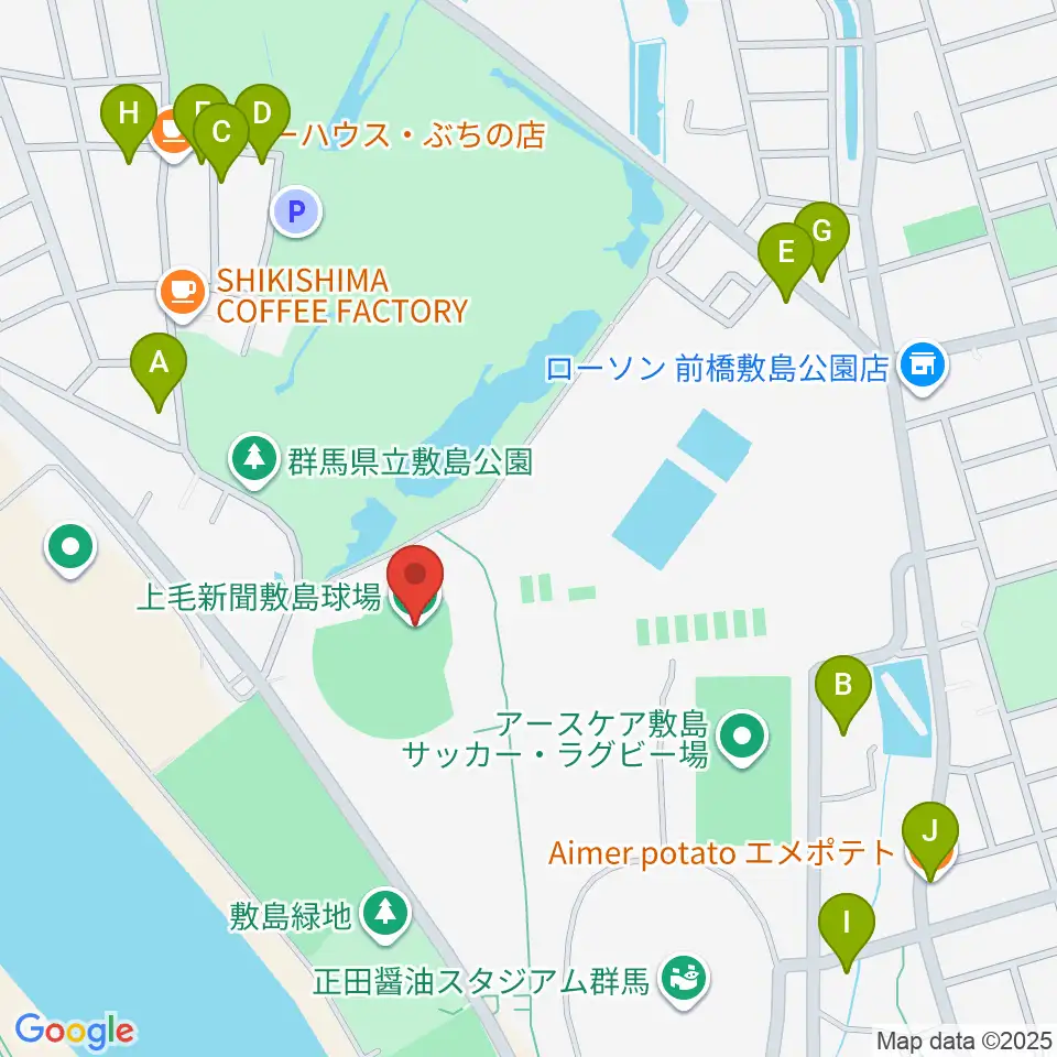 上毛新聞敷島球場周辺のファミレス・ファーストフード一覧地図