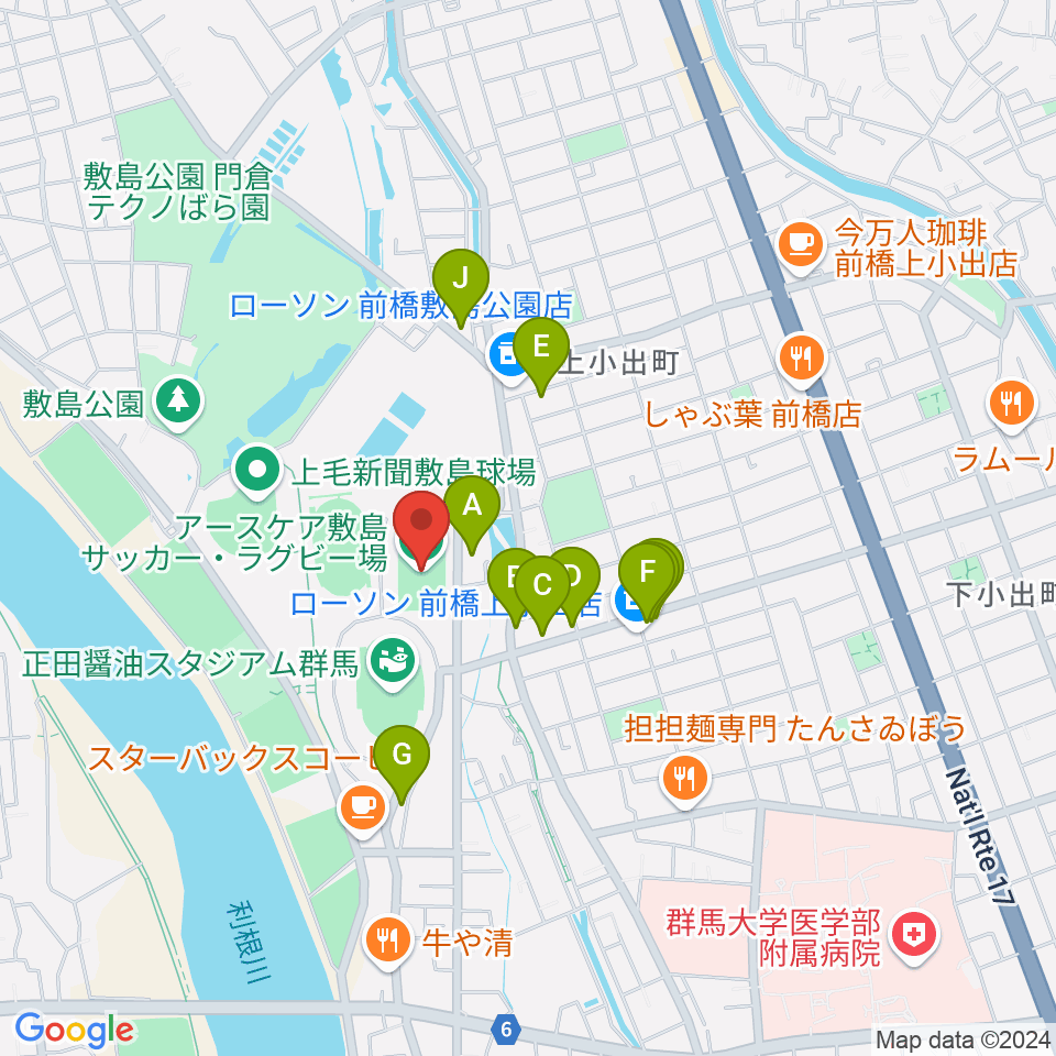 アースケア敷島サッカー・ラグビー場周辺のファミレス・ファーストフード一覧地図