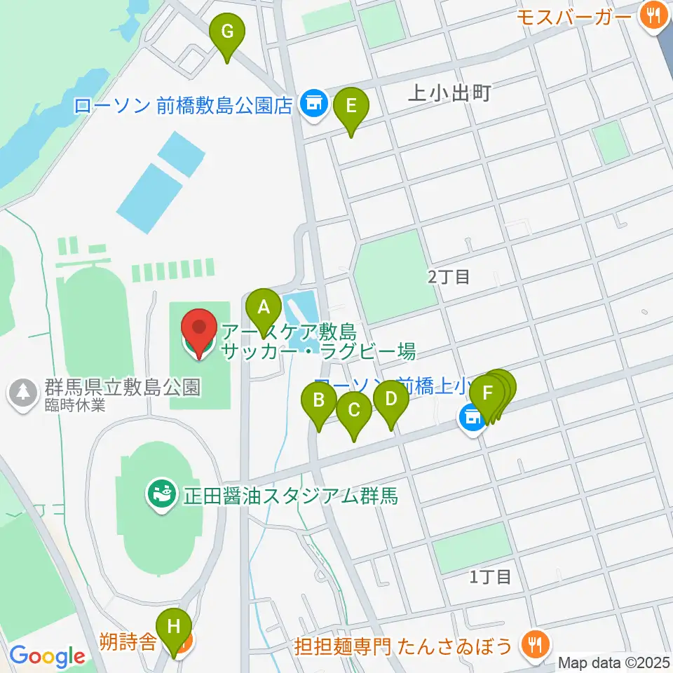 アースケア敷島サッカー・ラグビー場周辺のファミレス・ファーストフード一覧地図
