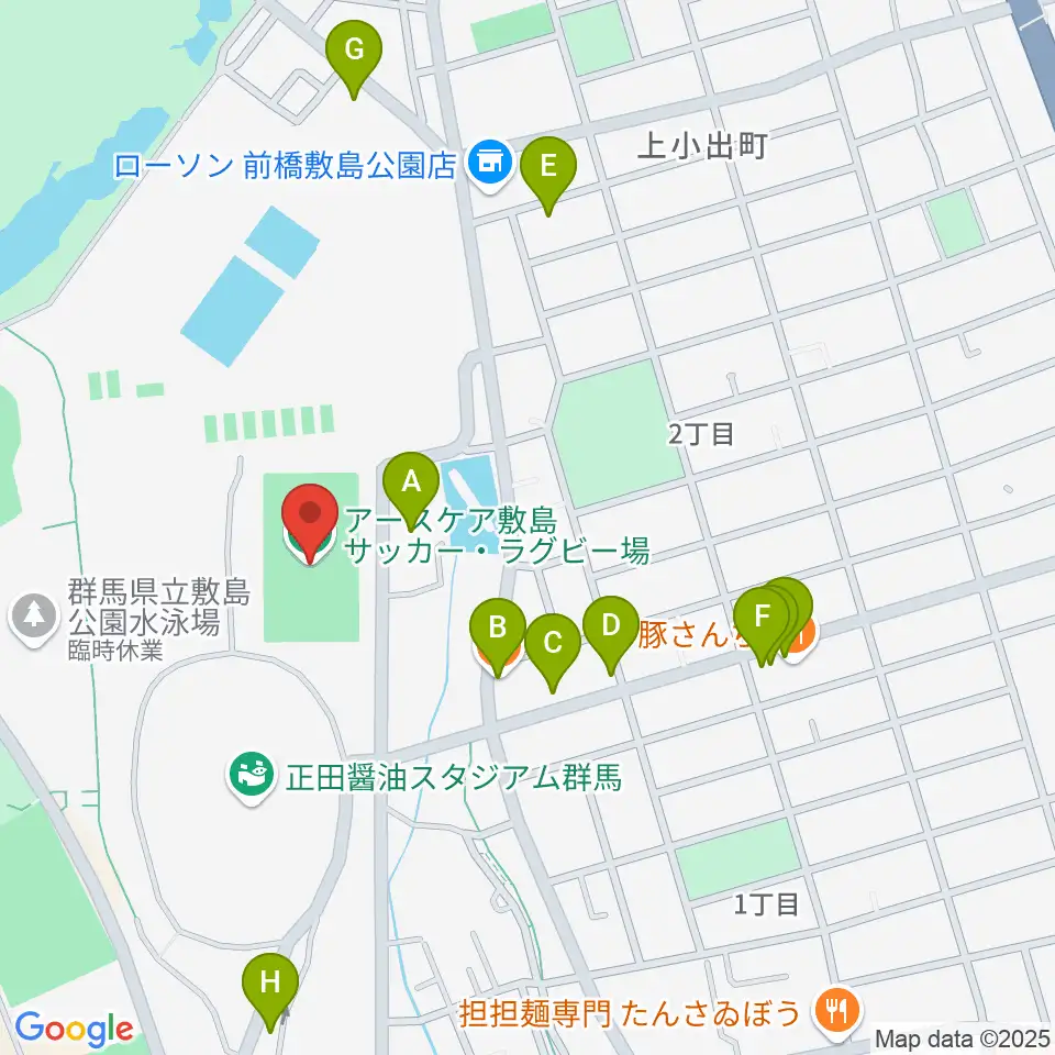 アースケア敷島サッカー・ラグビー場周辺のファミレス・ファーストフード一覧地図