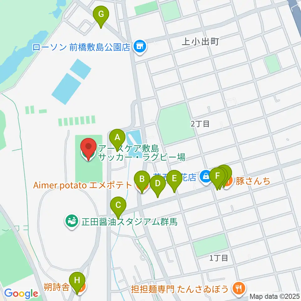アースケア敷島サッカー・ラグビー場周辺のファミレス・ファーストフード一覧地図