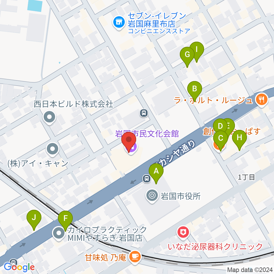 岩国市民文化会館周辺のファミレス・ファーストフード一覧地図