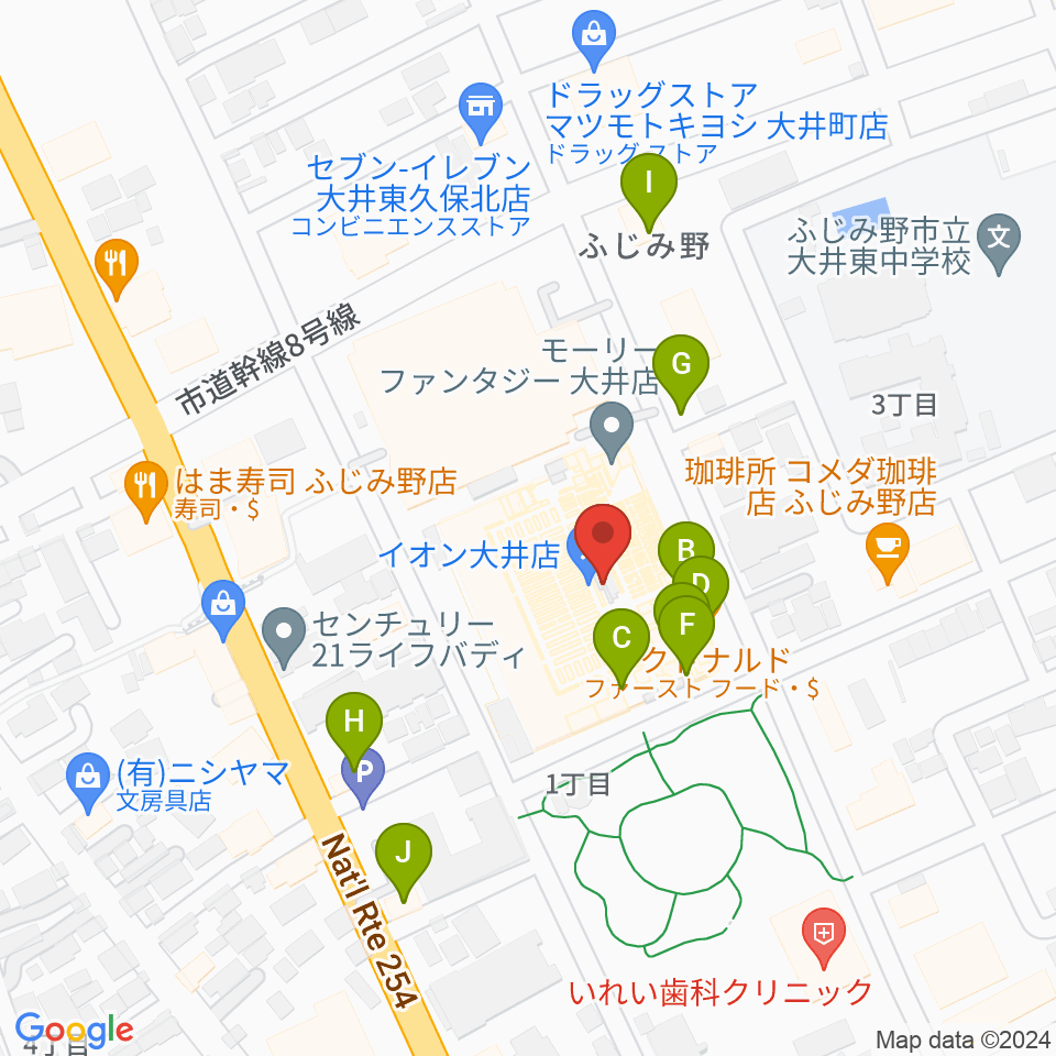 イオンシネマ大井周辺のファミレス・ファーストフード一覧地図