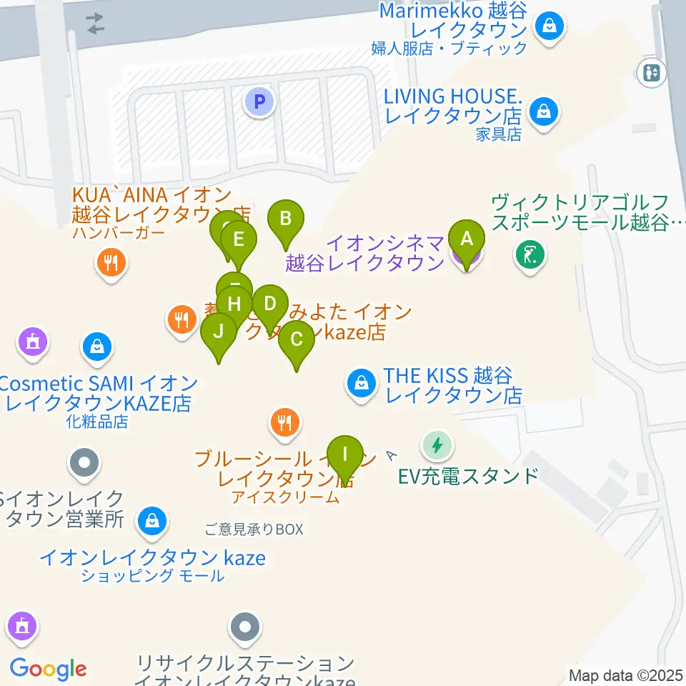 イオンシネマ越谷レイクタウン周辺のファミレス・ファーストフード一覧地図