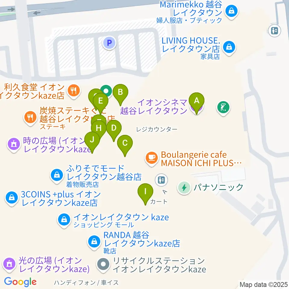 イオンシネマ越谷レイクタウン周辺のファミレス・ファーストフード一覧地図