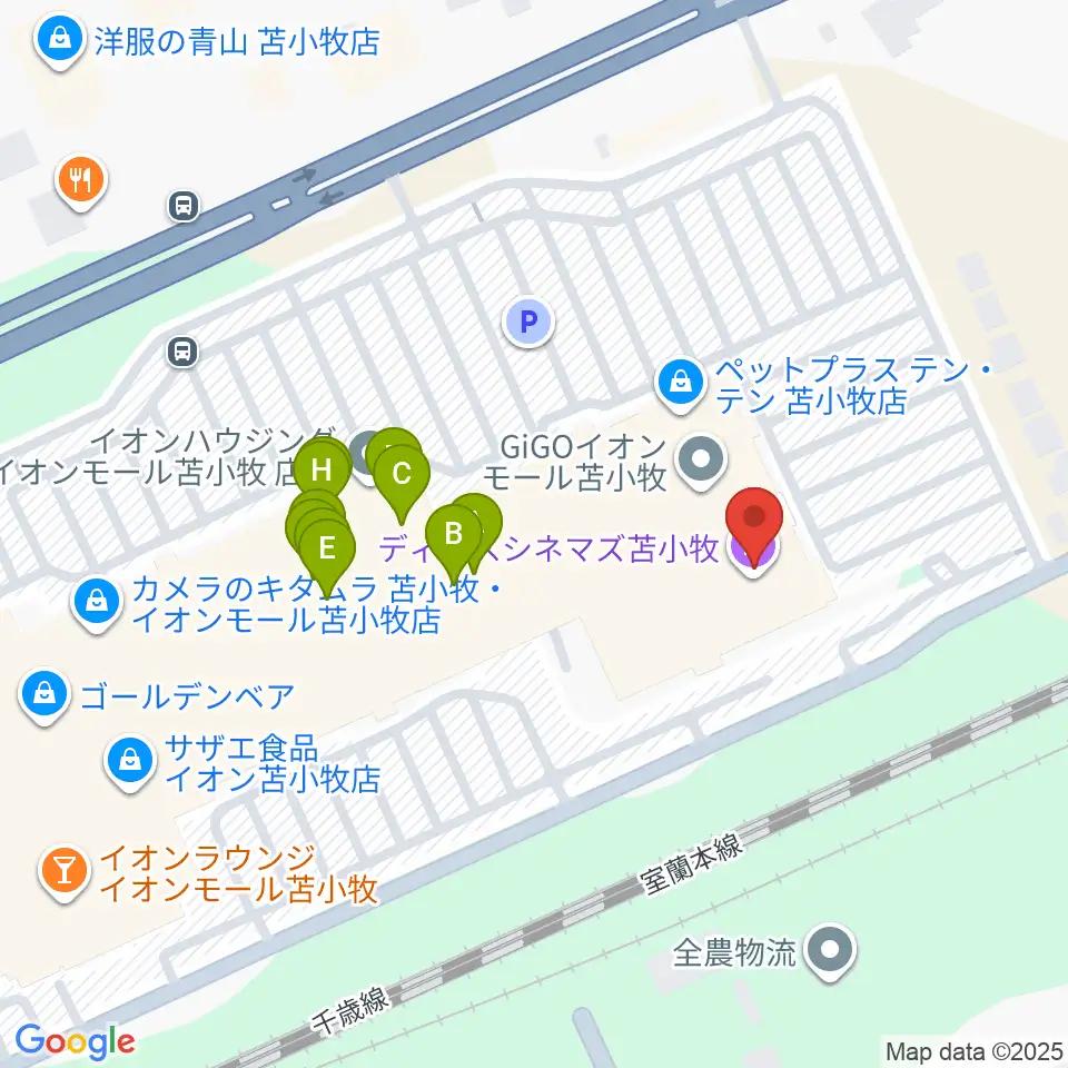 ディノスシネマズ苫小牧周辺のファミレス・ファーストフード一覧地図