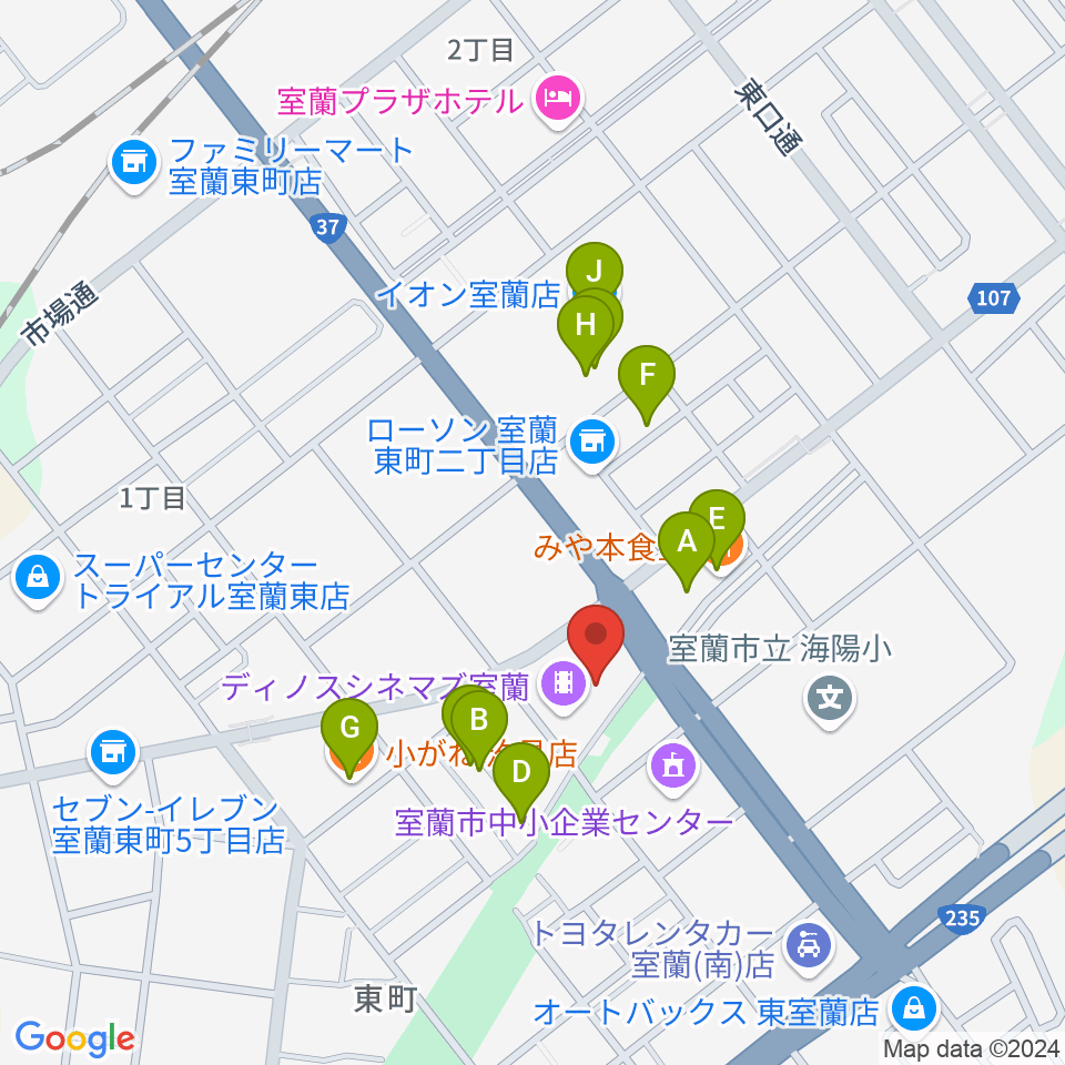 ディノスシネマズ室蘭周辺のファミレス・ファーストフード一覧地図