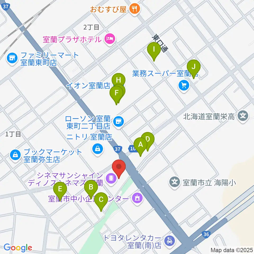ディノスシネマズ室蘭周辺のファミレス・ファーストフード一覧地図