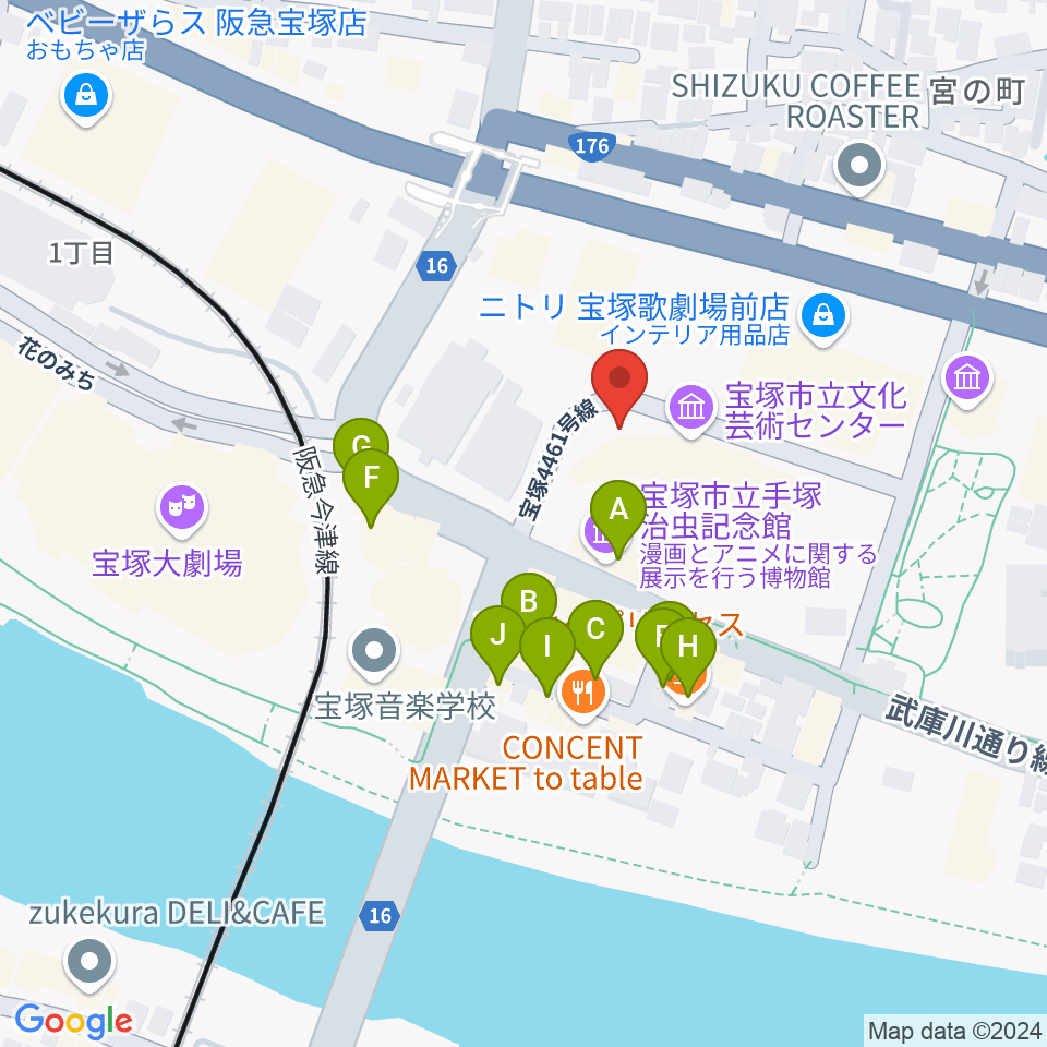 宝塚市立文化芸術センター周辺のファミレス・ファーストフード一覧地図