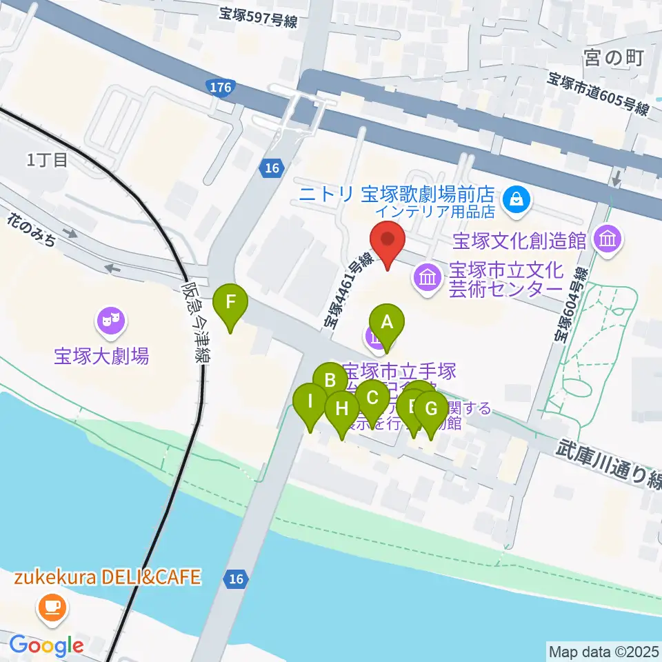 宝塚市立文化芸術センター周辺のファミレス・ファーストフード一覧地図