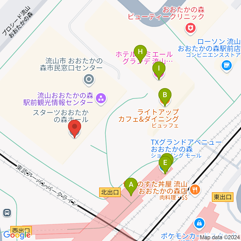 スターツおおたかの森ホール周辺のファミレス・ファーストフード一覧地図