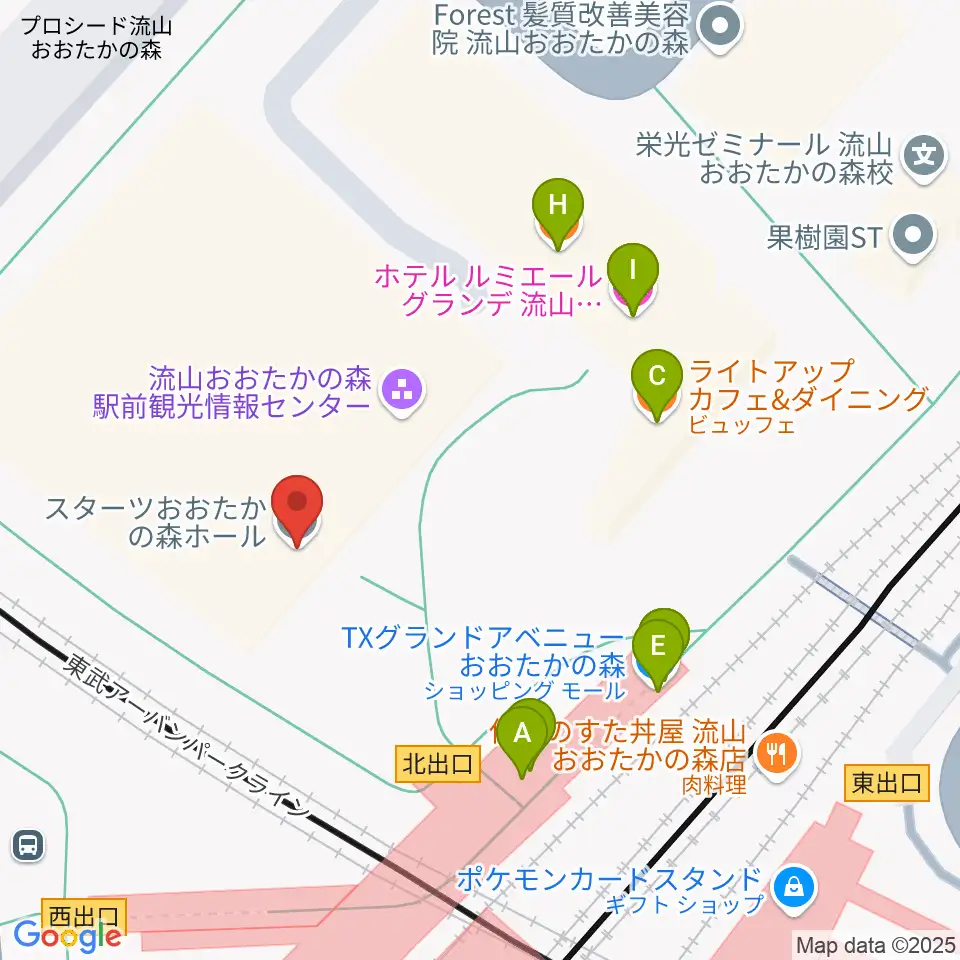 スターツおおたかの森ホール周辺のファミレス・ファーストフード一覧地図